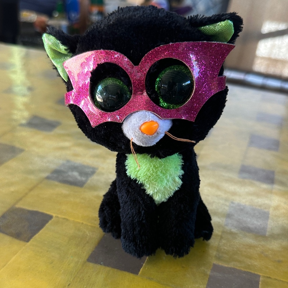 Ty Black and Green Cat Plush with Pink Mask